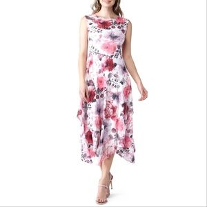 Komarov Floral Print Sleeveless Asymmetrical Tiered Dress